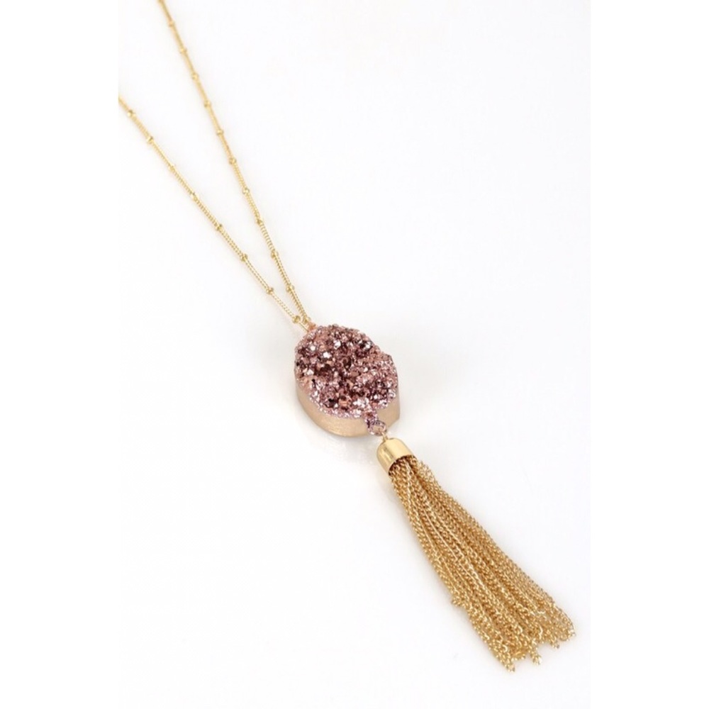 Druzy stone pendant necklace gold chain tassel - Picture 7 of 8
